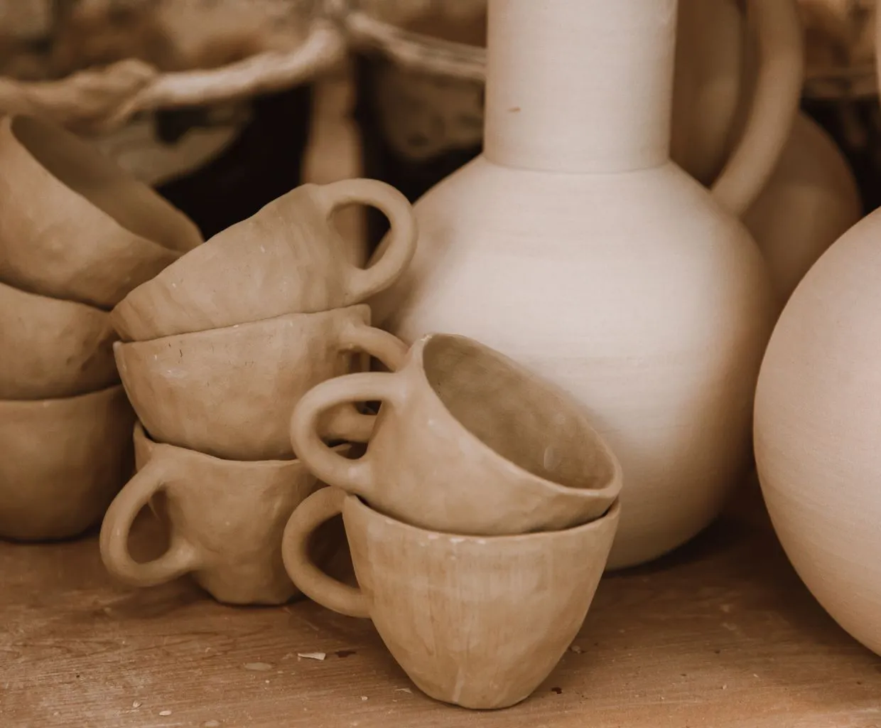Tazas y jarras de cerámica en tonos beige
