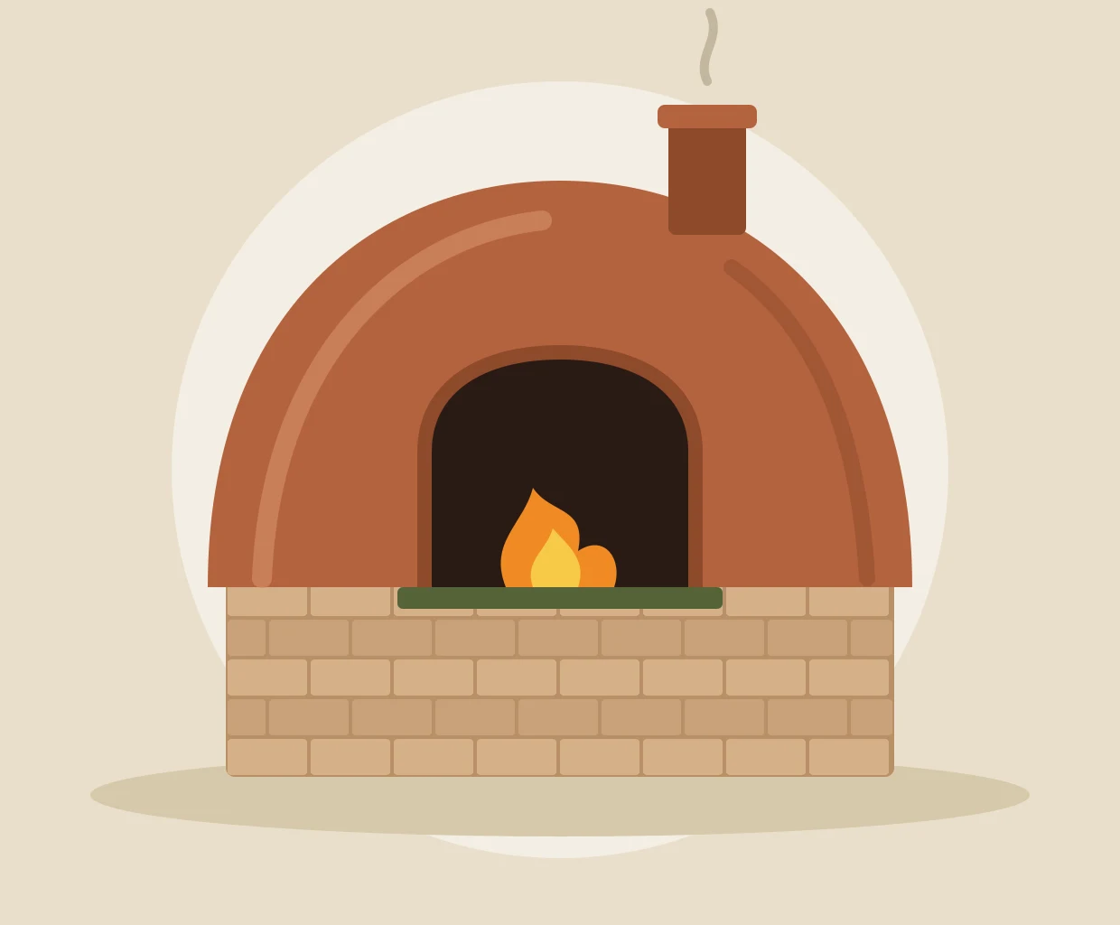 Ilustración de un horno de barro con cúpula, base de ladrillo y fuego en la boca